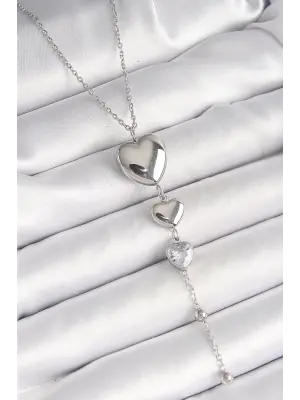 316L Çelik Gümüş Renk Sallantı Kalp Model Zirkon Taş Detay Kadın Kolye