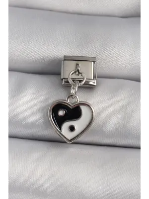 316L Çelik Gümüş Renk Sallantı Kalp YingYang Model Nomination Charm