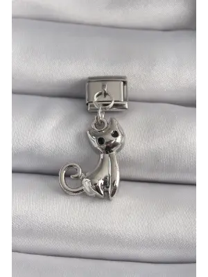 316L Çelik Gümüş Renk Sallantı Kedi Model Nomination Charm