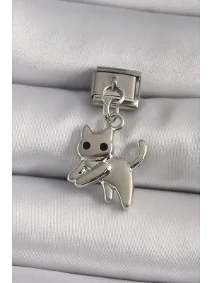 316L Çelik Gümüş Renk Sallantı Kedi Model Nomination Charm