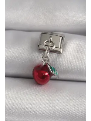 316L Çelik Gümüş Renk Sallantı Kırmızı Elma Model Nomination Charm