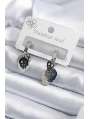   Gümüş Sallantı Kuru Kafa Model Çelik Küpe