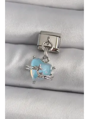 316L Çelik Gümüş Renk Sallantı Mavi Sedefli Kalp Model Nomination Charm