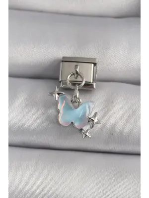 316L Çelik Gümüş Renk Sallantı Mavi Sedefli Kelebek Model Nomination Charm