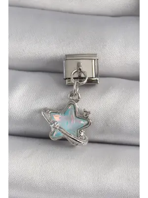 316L Çelik Gümüş Renk Sallantı Mavi Sedefli Yıldız Model Zirkon Taş Detay Nomination Charm