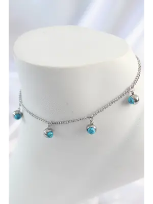 316L Çelik Gümüş Renk Sallantı Mavi Taş Model Kadın Halhal