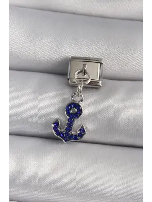 316L Çelik Gümüş Renk Sallantı Mavi Zirkon Taşlı Çapa Model Nomination Charm