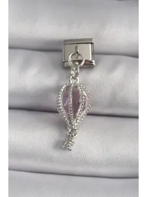 316L Çelik Gümüş Renk Sallantı Mor Sedefli Balon Model Nomination Charm