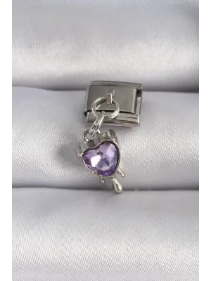 316L Çelik Gümüş Renk Sallantı Mor Zirkon Taşlı Kalp Figür Nomination Charm
