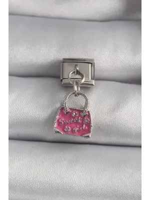 316L Çelik Gümüş Renk Sallantı Pembe Çanta Model Nomination Charm