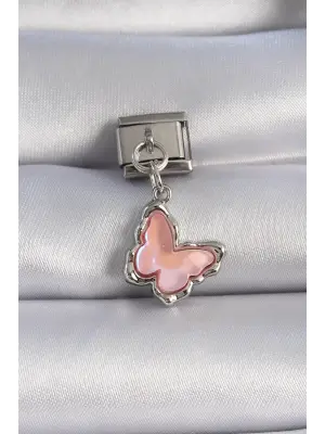 316L Çelik Gümüş Renk Sallantı Pembe Mineli Kelebek Figür Nomination Charm