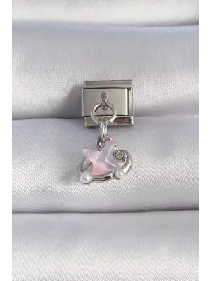 316L Çelik Gümüş Renk Sallantı Pembe Mineli Yıldız İnci Detaylı Nomination Charm