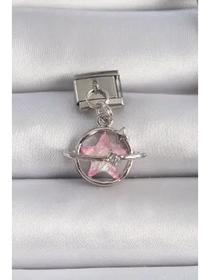316L Çelik Gümüş Renk Sallantı Pembe Mineli Yıldız Zirkon Taşlı Nomination Charm