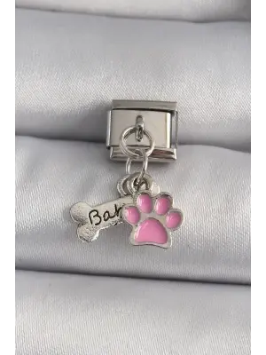 316L Çelik Gümüş Renk Sallantı Pembe Pati Kemik Figür Nomination Charm