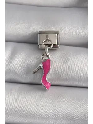 316L Çelik Gümüş Renk Sallantı Pembe Topuklu Ayakkabı Model Nomination Charm
