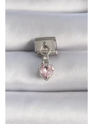 316L Çelik Gümüş Renk Sallantı Pembe Zirkon Taşlı Kalp Figür Nomination Charm