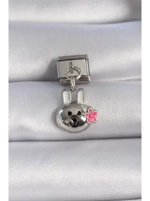 316L Çelik Gümüş Renk Sallantı Tavşan Figür Pembe Çiçek Detay Nomination Charm