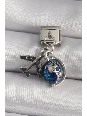 316L Çelik Gümüş Renk Sallantı Uçak Dünya Figür Nomination Charm