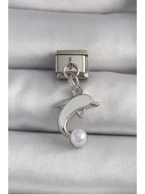 316L Çelik Gümüş Renk Sallantı Yunus Balığı Figür İnci Detay Nomination Charm