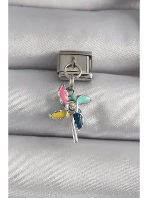 316L Çelik Gümüş Renk Sallantı Zirkon Taş Detaylı Çiçek Model Nomination Charm