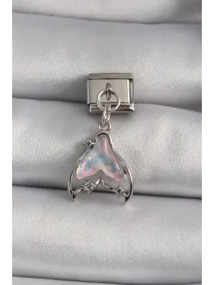 316L Çelik Gümüş Renk Sallantı Zirkon Taş Detaylı Pembe Sedefli Balık Kuyruğu Model Nomination Charm