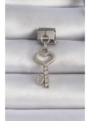 316L Çelik Gümüş Renk Sallantı Zirkon Taşlı Anahtar Figür Nomination Charm