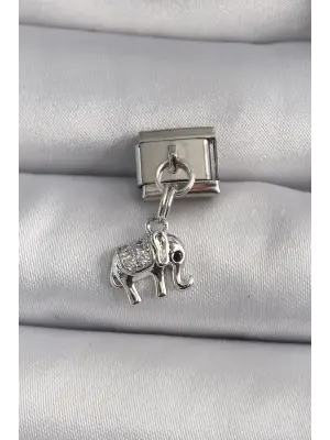 316L Çelik Gümüş Renk Sallantı Zirkon Taşlı Fil Model Nomination Charm