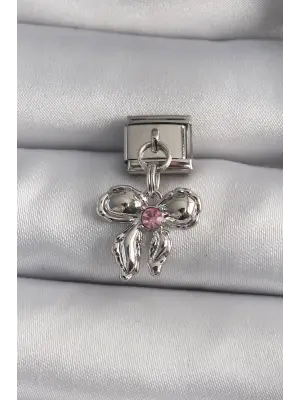 316L Çelik Gümüş Renk Sallantı Zirkon Taşlı Fiyonk Model Nomination Charm