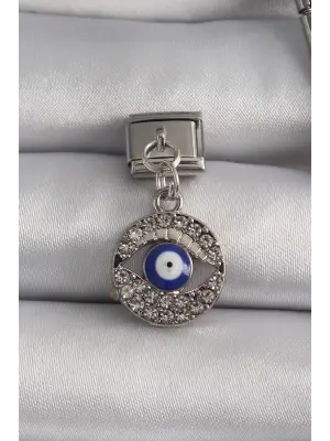 316L Çelik Gümüş Renk Sallantı Zirkon Taşlı Göz Model Nazar Boncuk Detay Nomination Charm