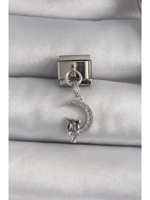 316L Çelik Gümüş Renk Sallantı Zirkon Taşlı Hilal Model Kedi Detay Nomination Charm