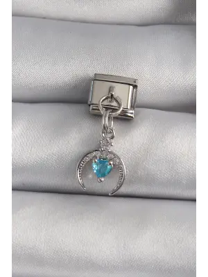 316L Çelik Gümüş Renk Sallantı Zirkon Taşlı Hilal Model Mavi Kalp Detay Nomination Charm