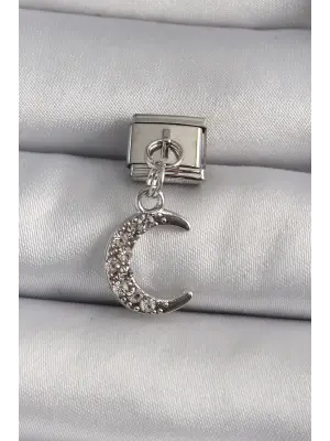 316L Çelik Gümüş Renk Sallantı Zirkon Taşlı Hilal Model Nomination Charm