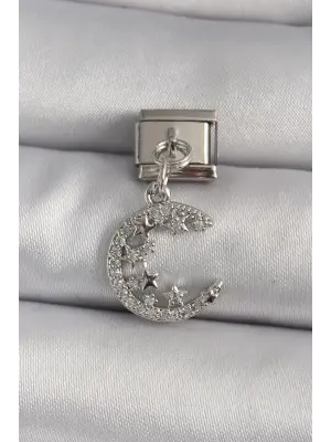 316L Çelik Gümüş Renk Sallantı Zirkon Taşlı Hilal Model Yıldız Detay Nomination Charm