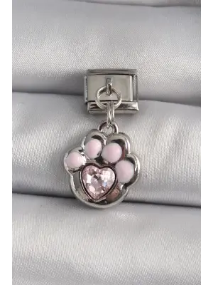 316L Çelik Gümüş Renk Sallantı Zirkon Taşlı Kalp Detay Pembe Pençe Model Nomination Charm