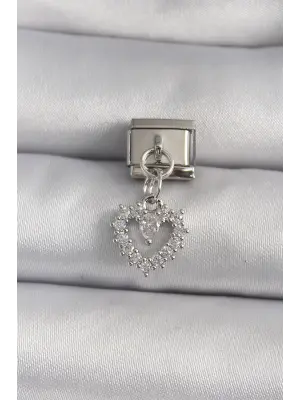 316L Çelik Gümüş Renk Sallantı Zirkon Taşlı Kalp Model Nomination Charm