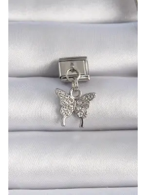 316L Çelik Gümüş Renk Sallantı Zirkon Taşlı Kelebek Figür Nomination Charm