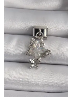 316L Çelik Gümüş Renk Sallantı Zirkon Taşlı Kelebek Model Nomination Charm