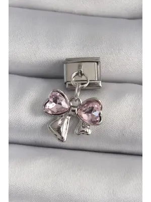 316L Çelik Gümüş Renk Sallantı Zirkon Taşlı Kurdele Model Nomination Charm