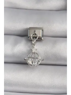 316L Çelik Gümüş Renk Sallantı Zirkon Taşlı Küre Model Yıldız Detay Nomination Charm