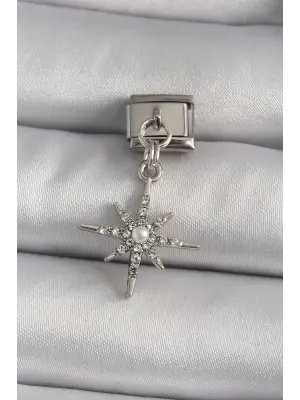316L Çelik Gümüş Renk Sallantı Zirkon Taşlı Kutup Yıldız Model İnci Detay Nomination Charm