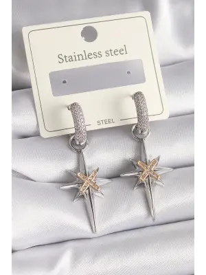   Gümüş Sallantı Zirkon Taşlı Kutup Yıldızı Model Çelik Küpe