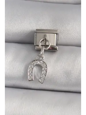 316L Çelik Gümüş Renk Sallantı Zirkon Taşlı Nal Model Nomination Charm