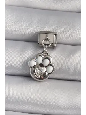 316L Çelik Gümüş Renk Sallantı Zirkon Taşlı Pati Model Nomination Charm