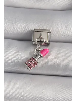 316L Çelik Gümüş Renk Sallantı Zirkon Taşlı Ruj Model Nomination Charm