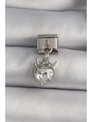 316L Çelik Gümüş Renk Sallantı Zirkon Taşlı Şeytani Kalp Model Nomination Charm
