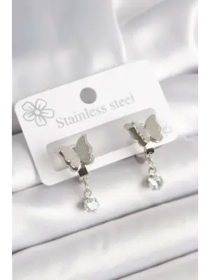 316L Çelik Gümüş Renk Sallantı Zirkon Taşlı Simli Kelebek Model Kadın Küpe