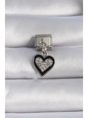 316L Çelik Gümüş Renk Sallantı Zirkon Taşlı Siyah Kalp Figür Nomination Charm