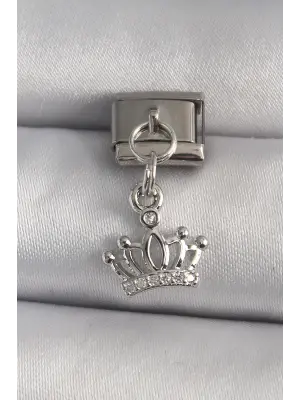 316L Çelik Gümüş Renk Sallantı Zirkon Taşlı Taç Model Nomination Charm