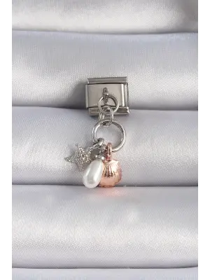 316L Çelik Gümüş Renk Sallantılı İncili Deniz Kabuğu Figür Nomination Charm