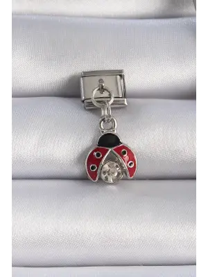 316L Çelik Gümüş Renk Sallantılı Kırmızı Uğur Böceği Zirkon Taş Detay Nomination Charm